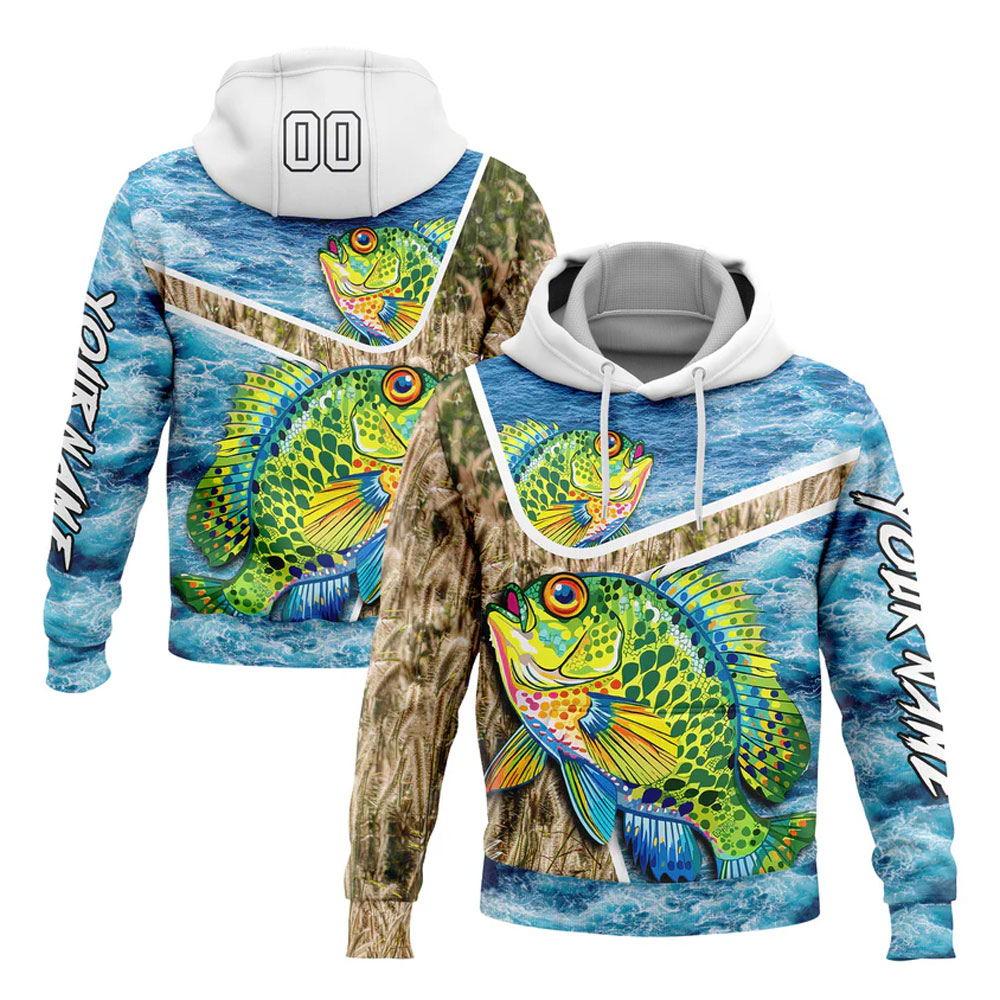 02-14.jpg Custom Stitched Lakes Blue White Black 3D Sea Waves And Bluegill Fish Fishing Sports Pullover Sweatshirt Hoodie - Image 1