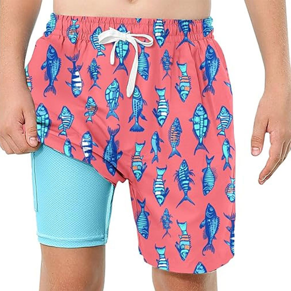 07-7.jpg Swim Trunks with Compression Liner Swim Shorts Kids Quick Dry Bathing Suit Boxer Brief Swimwear - Image 1